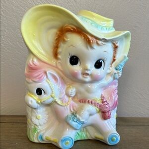 Vintage 1950 Japan Ceramic Cowboy Planter Baby Figurine - Pastel Yellow and Pink